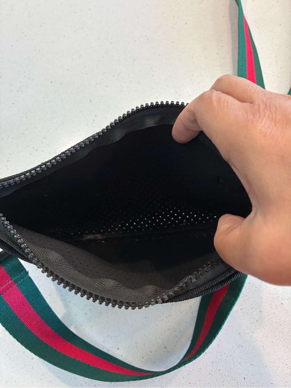 Black Crossbody Neoprene Pouch with Green and Red Stripe Adjustable Strap - Picture 9 of 15